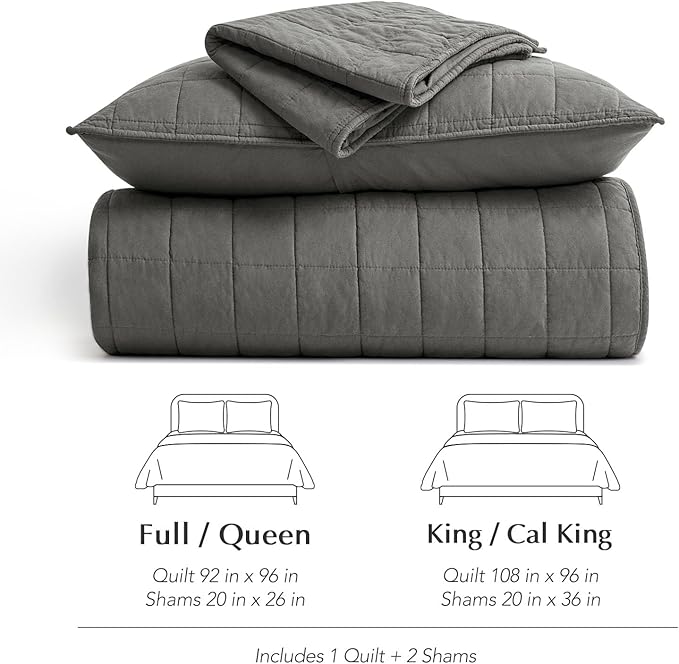 EVERGRACEHOME 100% Cotton Box Stitch Quilt Bedding Set Queen Size 3 Pieces, Garment-Washed Lightweight Soft Cozy Coverlet, Quilted Bedspread Sets with 2 Shams for All Season, Dark Gull Gray