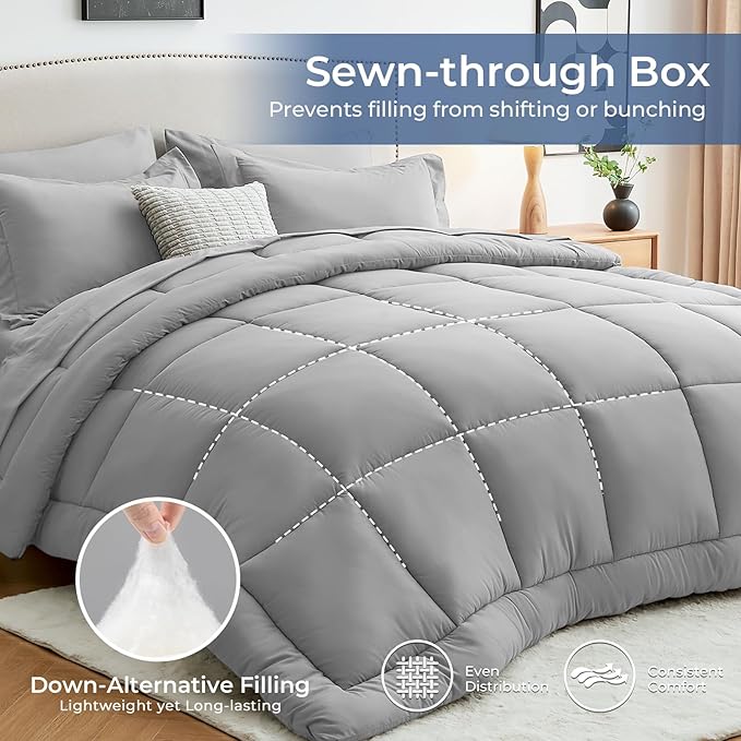 Sasttie Full Size Comforter Sets, 7 Pieces Bed in a Bag Full, Complete Bedding Set Includes Comforter, Flat Sheet, Fitted Sheet, Pillowcases and Pillow Shams, Light Grey