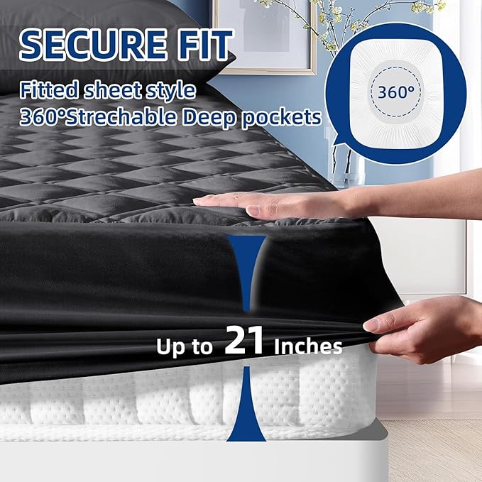 King Mattress Protector, Waterproof Quilted Mattress Pad Cover Fitted Deep Pocket 8"-21", Breathable Noiseless Mattress Cover Soft Cooling Washable Padded for Home Hotel Bedroom, Black