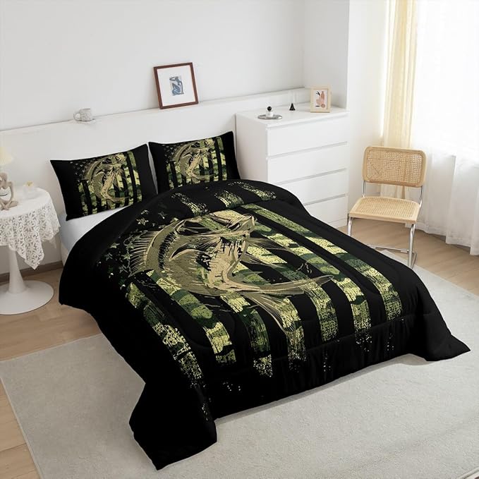 Feelyou Bass Fish Comforter Set Full Size Fisherman Camouflage Bedding Set Pike Fish Camo American Flag Comforter for Women Men Fsihing Lover Room Farmhouse Fishing Bed Set Wild Quilted Set 3Pcs