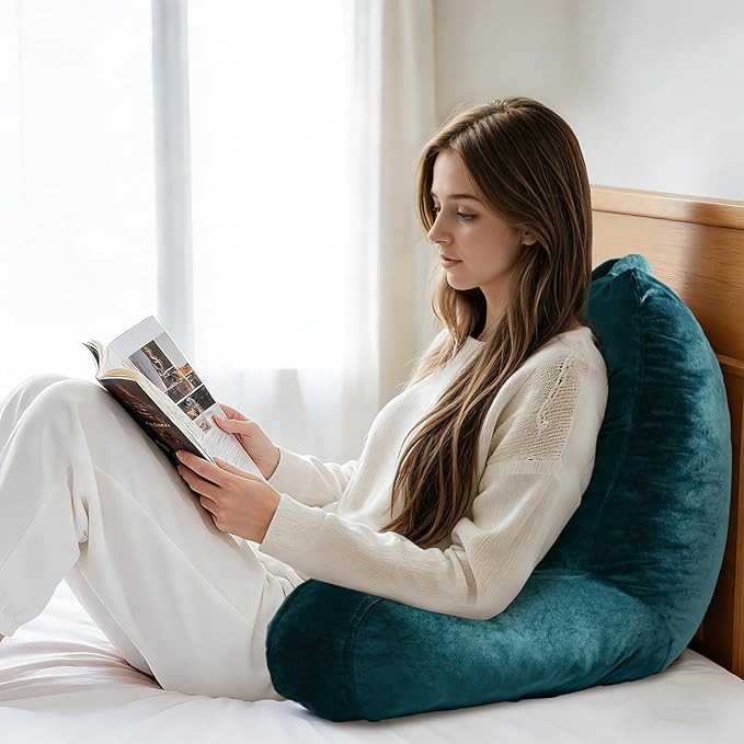 Reading Pillow for Sitting in Bed Adult, Reading Pillow with Shredded Memory Foam, Bed Pillow with Washable Cover, Back Pillow Sitting Up with Extend Arms, Prussian Blue, X-Large