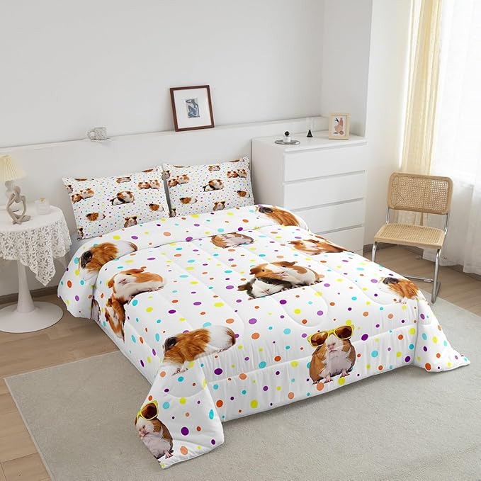 Feelyou Guinea Pig Bedding Set for Girls Boys Children Cute Cavy Pattern Comforter Decorative Cartoon Lovely Pet Animal Comforter Set Toddler Size Colorful Polka Dots Duvet Set 2Pcs Sets