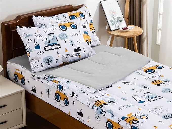 NTBED Construction Truck Printed Zipper Bedding Sets Full Lightweight Microfiber Forest Car Comforter Sets with Fitted Sheet Pillow Covers,White Grey