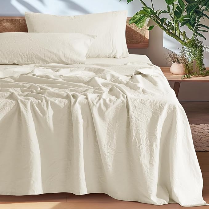 SONORO KATE 100% French Pure Linen Sheets, Breathable and Durable Line Sheets, Anti-Tear Line Bed Sheets, Machine Washable, 16 Inch Deep Pocket - 4 Piece (Cream, California King)