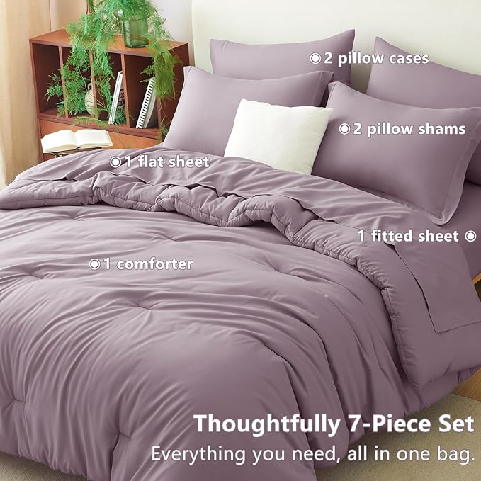 CozyLux Full Size Comforter Set Dusty Purple, 7 Pieces Bed in a Bag Full Comforter Set with Sheets, Bedding Set with Down Alternative Comforter, Fitted Sheet, Flat Sheet, Pillow Shams and Pillowcases