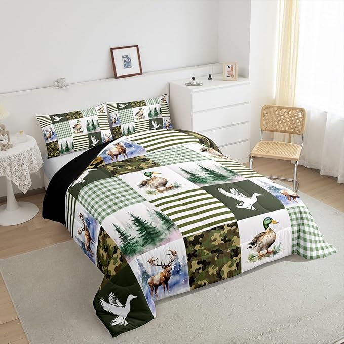 Feelyou Kids Mallard Duck Comforter Set Twin Size, Duck Hunting Bedding Set Green Duck Comforter for Boys Girls Deer Hunting Duvet Insert Bed Set 2Pcs