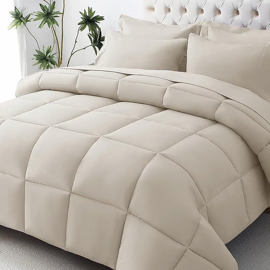 JOLLYVOGUE King Comforter Set, Ultra-Soft Bed in a Bag King Size 7 Pieces, Oeko-TEX Certified Bedding Set with Down Alternative Comforter, Sheets, Pillowcases & Shams, Oatmeal