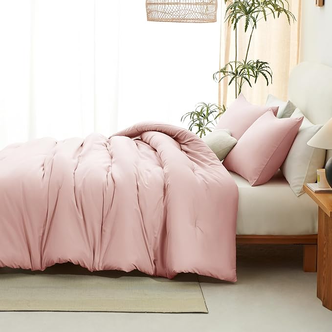 CozyLux Blush Pink Queen Comforter Set for Girls, 3 Pieces Women Solid Breathable Quilted Bedding Sets, Luxury Soft Bed Set with Down Alternative Comforter All Season (1 Comforter & 2 Pillowcases)
