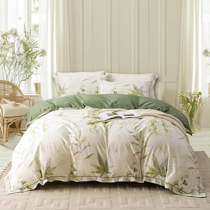 OAITE Duvet Cover Set Queen Size Floral Pattern 500 Thread Count Ultra Soft 100% Cotton Duvet Cover Sets 3-PC, Breathable Duvet Cover with Zipper Closure & Corner Ties