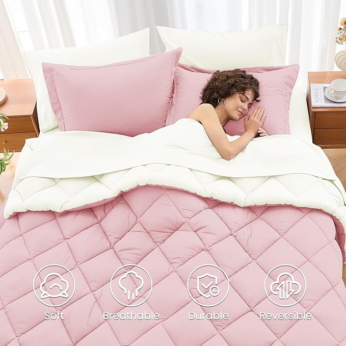 MUXHOMO 7 Pieces California King Comforter Set, Reversible Bed in a Bag Cal King Size, All Season Bedding Set with Comforter, Flat Sheet, Fitted Sheet, Pillowcases & Shams, Light Pink & Ivory