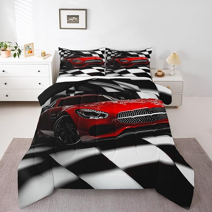 Erosebridal Teen Race Car Comforter Set For Boys King Size Extreme Sports Car Bedding Set,Black White Checkered Grid Comforter Retro Red Cool Vehicle Automobile Quilt Duvet 2 Pillow Cases