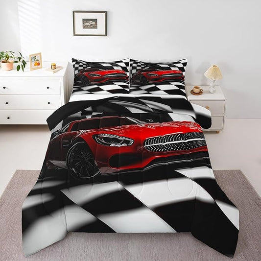 Erosebridal Teen Race Car Comforter Set For Boys King Size Extreme Sports Car Bedding Set,Black White Checkered Grid Comforter Retro Red Cool Vehicle Automobile Quilt Duvet 2 Pillow Cases