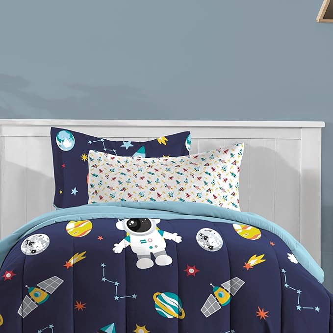 Dream Factory Kids 5-Piece Complete Bed Set Easy-Wash Super Soft Microfiber Comforter Bedding, Twin, Blue Space Galaxy
