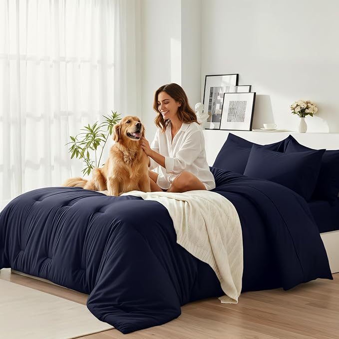 Twin Comforter Set 5 Pieces - Ultra-Soft Bed in a Bag Twin Size, Cozy Luxury All Season Bedding Sets with Comforter, Flat Sheet, Fitted Sheet, 1 Pillow Shams & 1 Pillowcases, Navy Blue