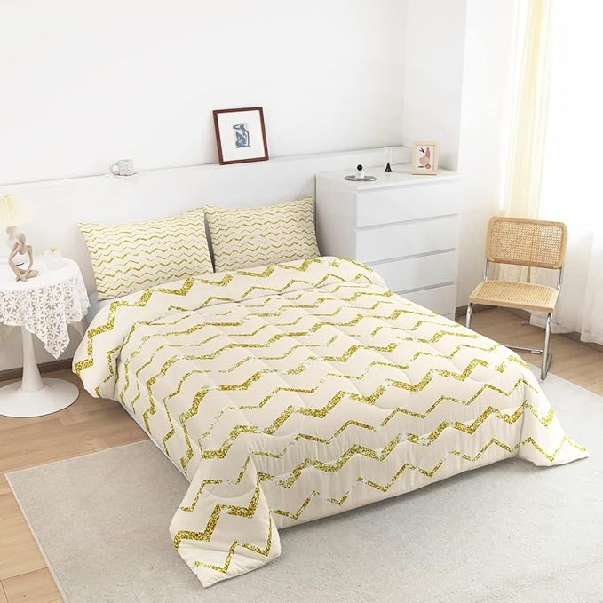 Feelyou Cream White Gold Comforter Set King Size for Teen Girls Boys Women, Cute Ivory Bedding Set, 3 Piece Reversible Comforter (1 Comforter + 2 Pillow Shams) Boys