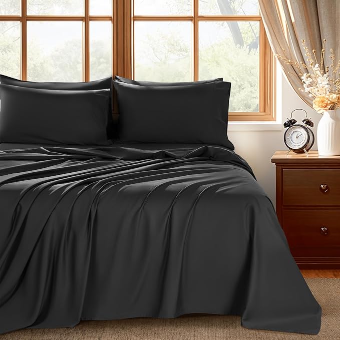Shilucheng 100% Egyptian Cotton Queen Size Sheets Set - 1000 Thread Count，Luxury Cotton Bed Sheets，Breathable & Cooling Bedding and Pillow Cases, 16 Inch Deep Pocket - 6 Piece (Black, Queen)
