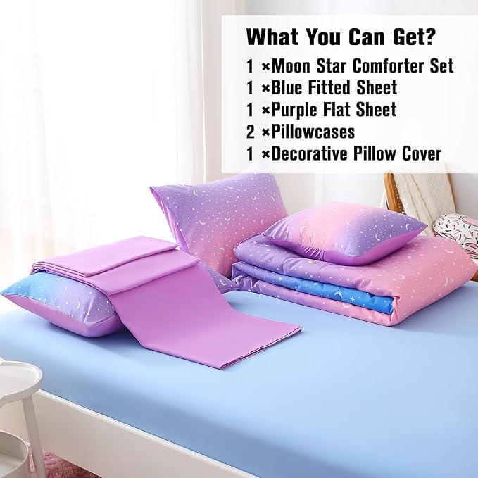 JQinHome Twin Girls Comforter Set,6 Piece Bed in A Bag 3D Purple Orange Glitter Bedding Set -All Season Microfiber Rainbow Bedding Sets for Girls Women