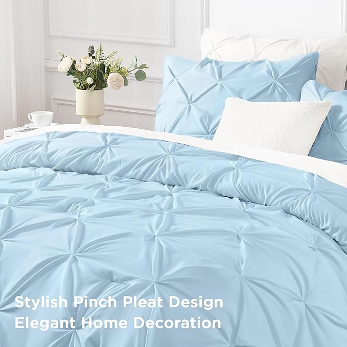 Andency Light Blue Pinch Pleat Comforter Full(79x90Inch), 3 Pieces(1 Down Alternative Comforter and 2 Pillowcases) Light Blue Bed Set Microfiber Pintuck Bedding Set