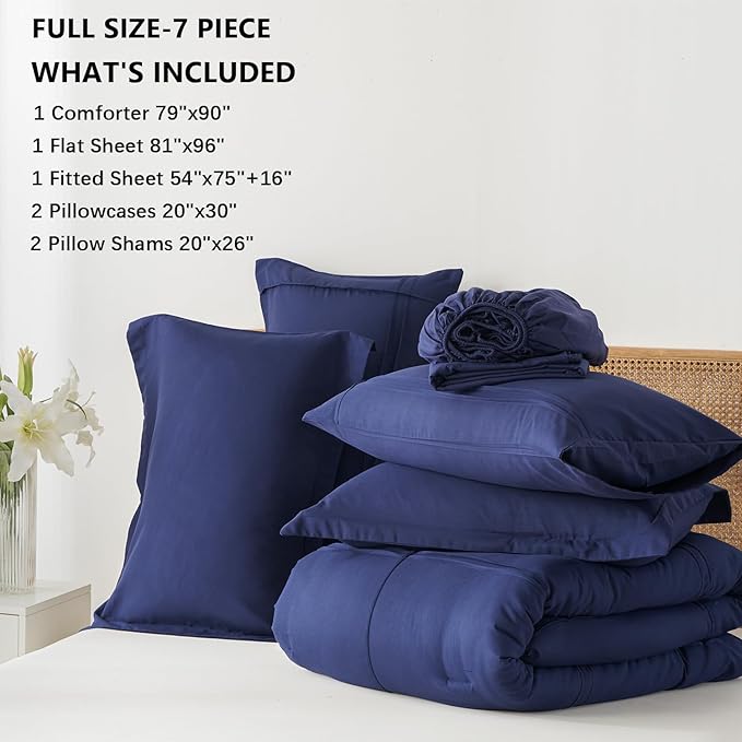 Yogeneg Full Size Comforter Set 7 Piece Bed in a Bag,Grid Pinch Pleat Navy Blue Bedding Set,Striped Textured Soft Microfiber Comforter with Sheet Set,All Season Complete Bed Set(Navy Blue,Full)