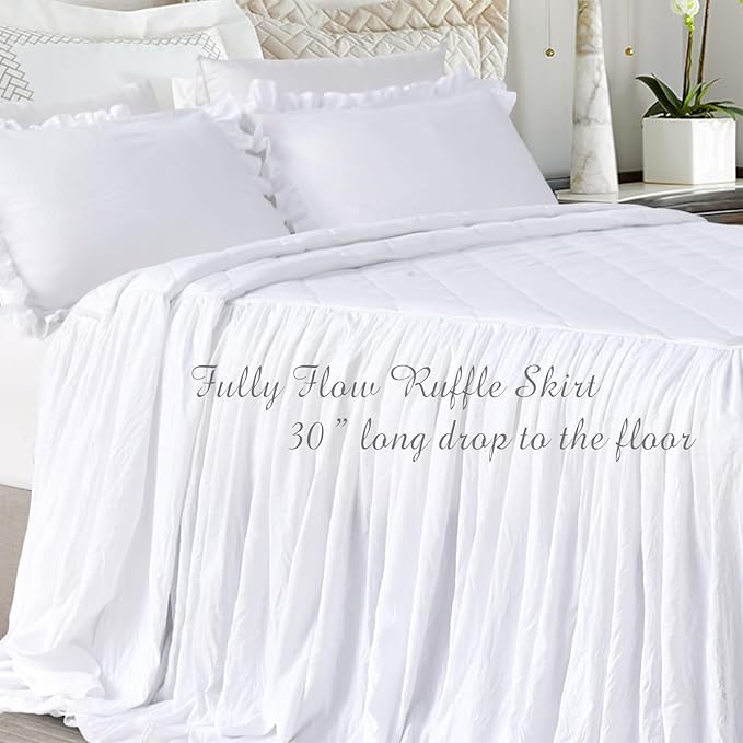 Lady Ann Queen Size Bedspread Set 3 Pcs White Washed Quilt Set, Shabby and Chic Blanket Ruffle Skirt Quilted Coverlet Farmhouse Rustic Bedding Set Lightweight