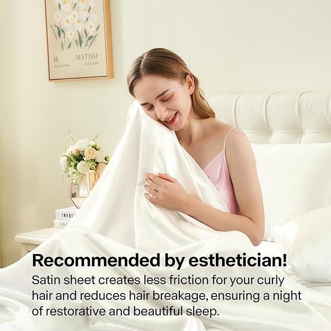 BEDELITE King Size Sheets Set, Luxury Soft Ivory White Satin Sheets for Hair and Skin, Similar to Silk Bed Sheets Set 4 Pieces with 1 Deep Pocket Fitted Sheet, 1 Flat Sheet, and 2 Pillowcases