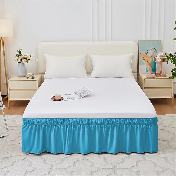 GIBZ Adjustable Wrap Around Ruffled Bed Skirt, Elastic Dust Ruffles Easy Fit Wrinkle & Fade Resistant, Machine Washable, Twin 16" Drop, Lake Blue