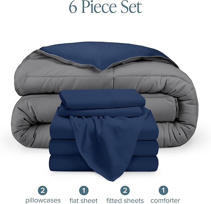 Bare Home Reversible Bed-in-A-Bag Comforter & Sheet Set - Split King - Down Alternative - Soft - Bedding Set (Split King, Dark Blue/Grey, Dark Blue)