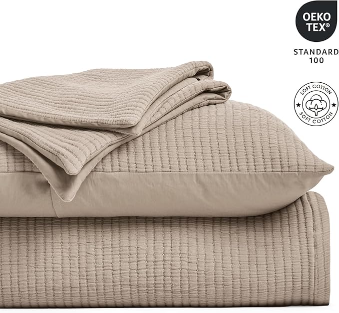 EVERGRACEHOME Cotton Gauze King Bedspread, Ultra Soft Prewashed Pick Stitch Matelassé Coverlet, Lightweight Textured Oversized King Quilt Bedding Set for All Season, with 2 Shams, Khaki Tan