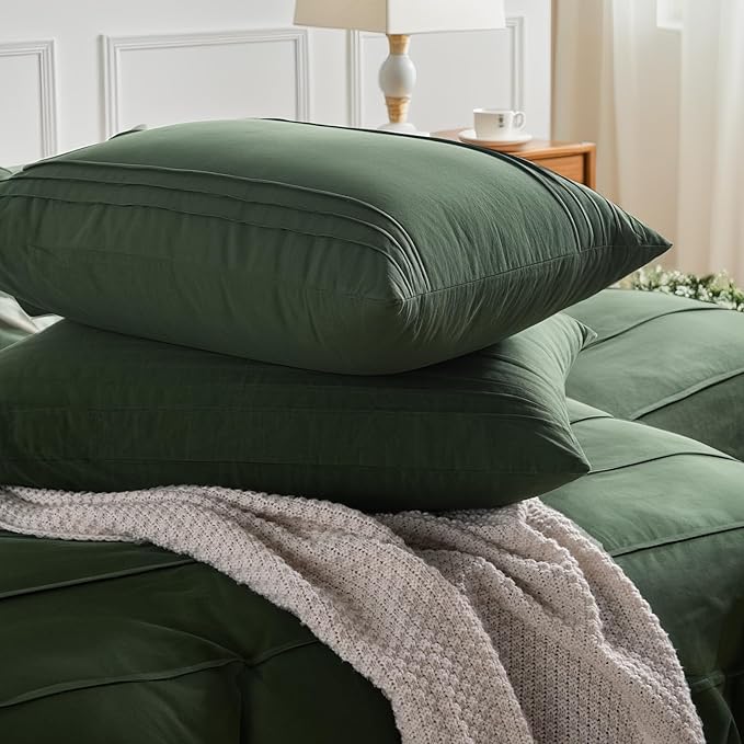 NEXHOME PRO 100% Organic Cotton Duvet Cover Oversized Queen Size, Linen Like Pleated Textured Forest Green Duvet Cover Set, 3pc Bedding Set with Zipper Closure, Soft,98"x98", No Comforter