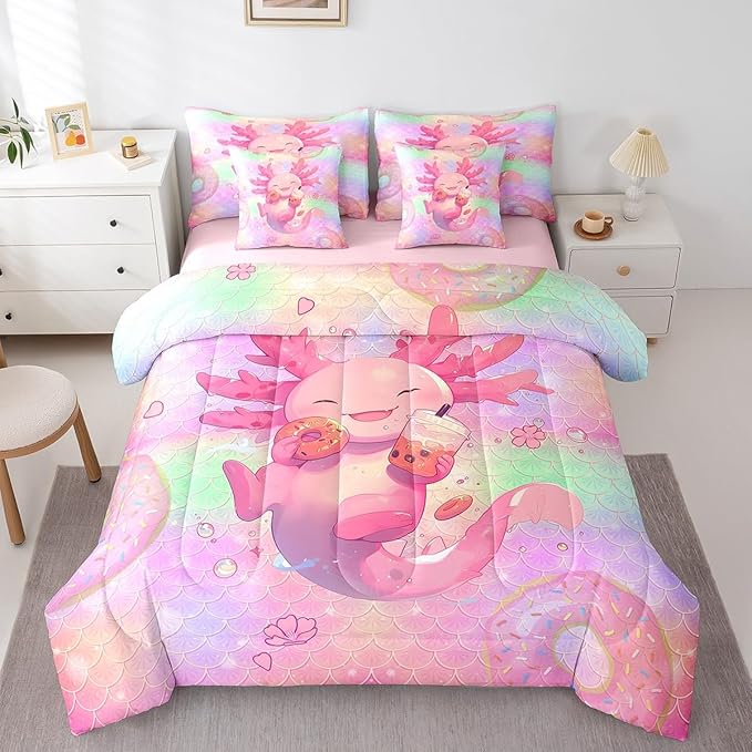 Feelyou Kids Cute Axolotl Comforter Set with Sheets King Size, Cartoon Salamander 7 Pieces Bedding Set Boys Girls Kawaii Ocean Sealife Bed in A Bag Rainbow Teens Bed Set Bedroom Decor 7Pcs