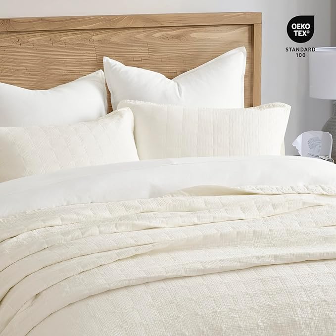 EVERGRACEHOME Stonewashed Cotton Quilt Set Full Queen Size, Ultra Soft Oversized Bedspread Coverlet Set, Lightweight Crinkle Box Stitch Bedding Sets for All Season, with 2 Shams, Ivory White