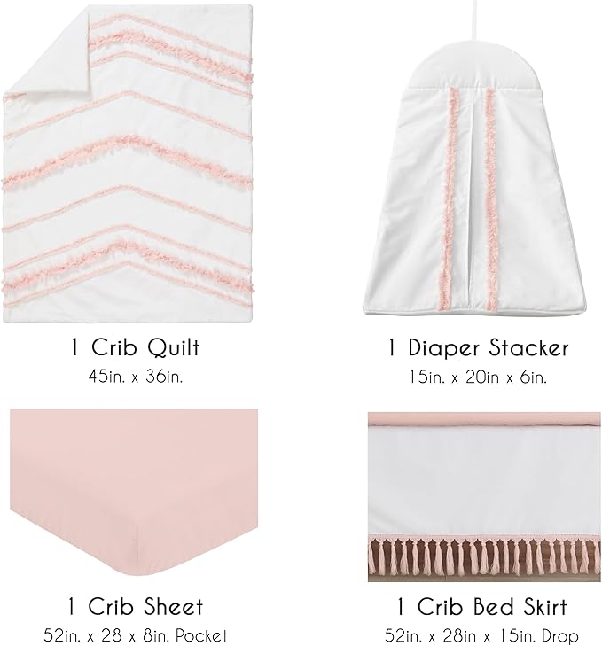 Sweet Jojo Designs 4-Piece Baby Crib Bedding Set (100% Cotton Bohemian Pink) for Girls, Infants/Nursery incl. Blanket, Fitted Sheet, Skirt, Diaper Stacker (Farmhouse, Shabby Chic, Modern, Minimalist)
