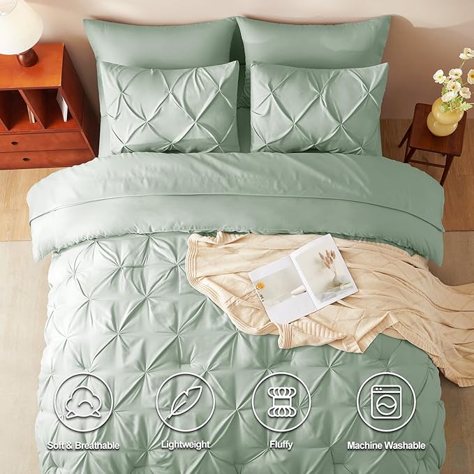 Queen Comforter Set Sage Green, 7 Pieces Pintuck Bed in A Bag Queen Size Bedding, Soft Bed Set All Season Pinch Pleat Comforter Set with Sheets, Pillowcases & Shams