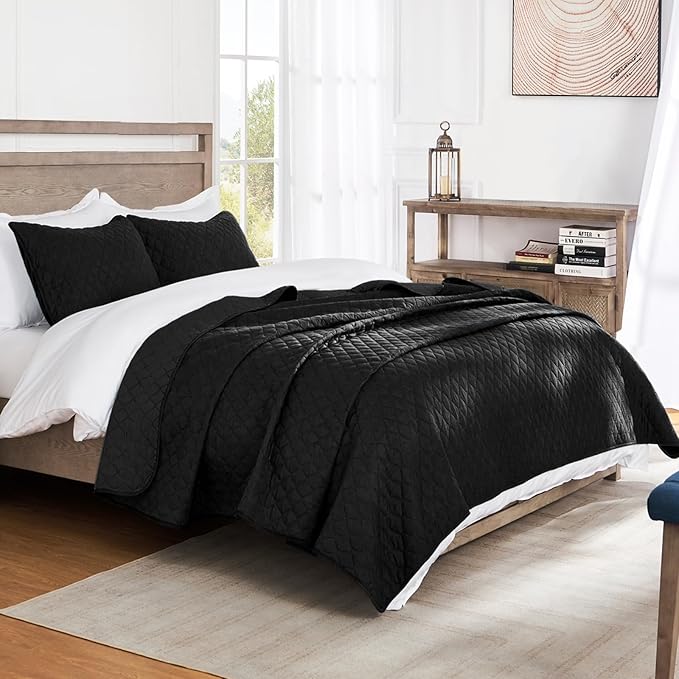 Exclusivo Mezcla Reversible Full Queen Quilt Bedding Set with Pillow Shams, Lightweight Quilts Queen Size, Soft Bedspreads Bed Coverlets for All Seasons - (Black, 90"x96")