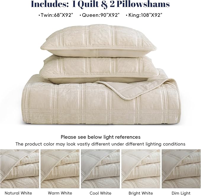 PHF Ultra Soft Velvet Quilt Set King Size – 3PCS Luxurious Cozy Quilted Comforter Alternative with Diamond Pattern, Warm Quilted Bedspread Coverlet, 108" x 92", Sand