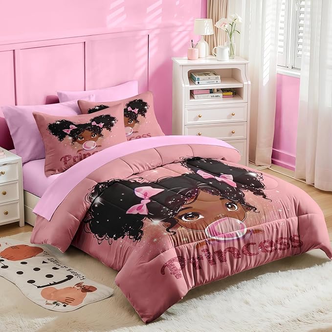 Nesker 7 Pcs Comforter Set Full Size, African American Princess Bubbles Bedding for Kids Teen, Pink Black Girl with Fitted Sheet 2 Pillowcases & 2 Shams for Bedroom Bed Decor