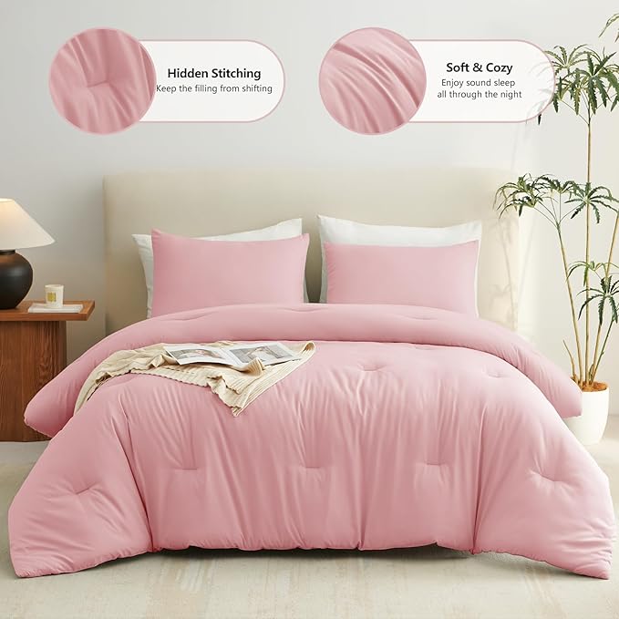 CozyLux Queen Comforter Set Pink, 3 Pieces Solid Queen Comforter Breathable Quilted Style Bedding Sets, Luxury Soft Bed Set with Down Alternative Comforter All Season (1 Comforter & 2 Pillowcases)