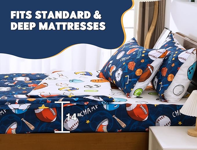 Meeting Story 3pcs Kids Comforter Sets Zipper Bedding Set for Boys,Twin Kid Bedding Set Basketball Football Baseball Comforter Sports Bedding for Kid,All in one Zipper Bedding（Navy,Twin）
