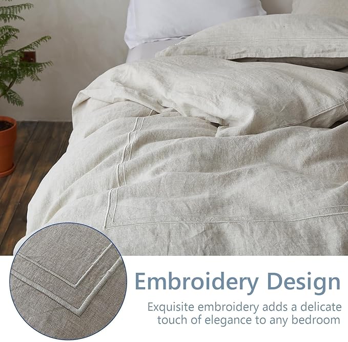 Simple&Opulence 100% Washed Linen Duvet Cover Set 78"x86" - 3 Pieces Soft Farmhouse Comforter Set Double Embroidered with Button Closure - 1 Duvet Cover and 2 Pillowshams (Linen, Full)