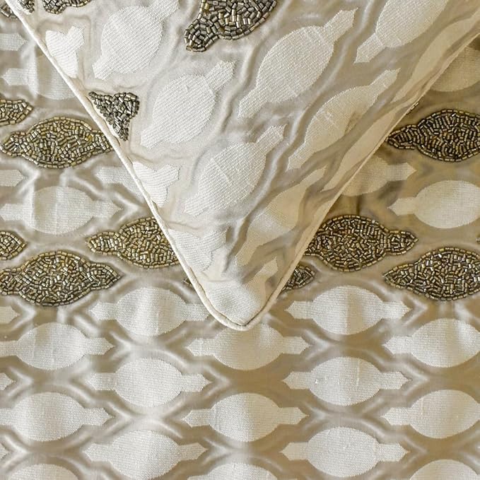 The HomeCentric King/Queen/Twin Ivory Luxury Twin 53"x18" Bed Runner with One Pillow Cover, Bead Hand Embroidery Bed Scarf on Jacquard Fabric - Priscilla Dazzle