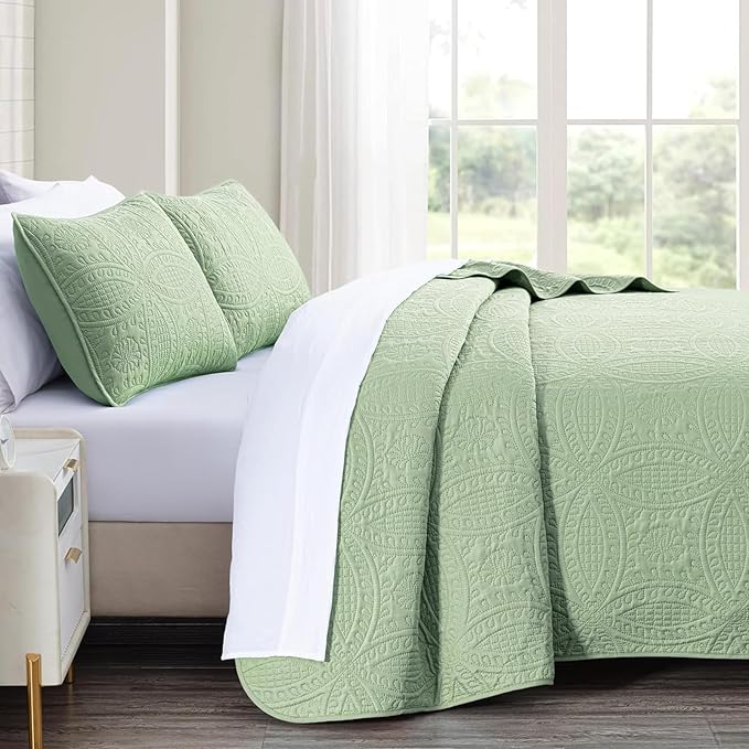 akkialla Quilts Queen Size,Sage Green Ultrasonic Full/Queen Quilt Set,Lightweight Soft Bedspread Coverlet,Modern Style Coin Pattern Bed Cover for All Seasons,3 Piece(1 Quilt,2 Pillow Shams) | Breathable, Cozy