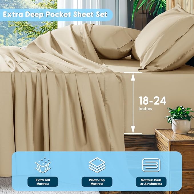 SONORO KATE 100% Egyptian Cotton Sheets Set, Extra Deep Pocket up to 18"-24",1000 High Thread Count, Soft & Breathable 5-Star Hotel Sateen Bed Sheets - 4 PC (Beige,Queen)
