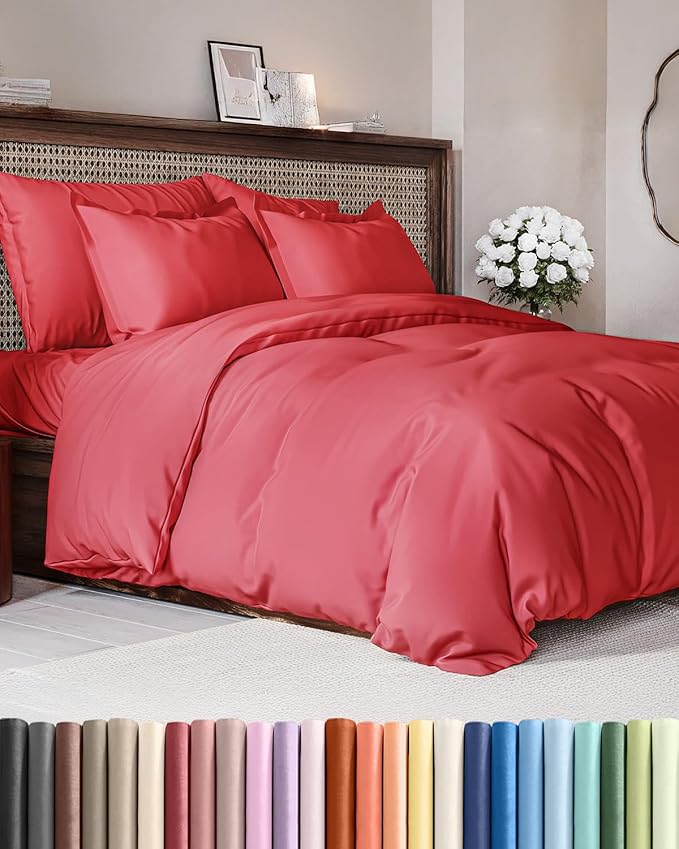 Duvet Cover Queen Size - Extra Soft Queen Size Duvet Cover - Lightweight, Breathable & Cozy - Easy Care & Fade Free with Zipper Closures & Ties - 90" x 90" Inches - (Red) Comforter Not Included