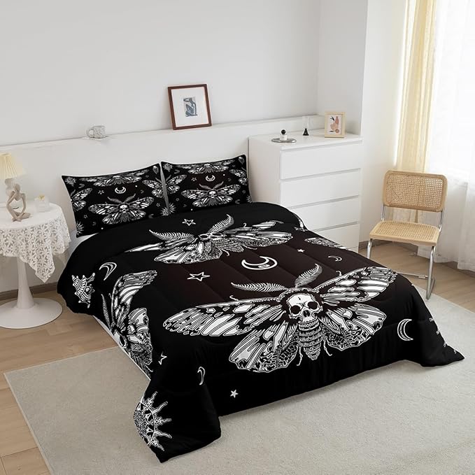 Boys Boho Moth Comforter Set Queen Size Men Gothic Skull Bedding Set for Girls Women Bedroom Decor Bohemian Moon Star Comforter Personalized Moth Skull Skeleton Bones Duvet Set Teens Quilt Set