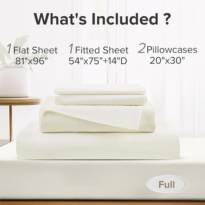Comfort Spaces 100% Cotton Sheets Full, Breathable & Ultra Soft Cotton Sheets, Naturally Cool Cotton Bed Sheets with 14" Elastic Pocket Fits up to 16" Mattress, All Season Sheet Set, Ivory 4 Piece