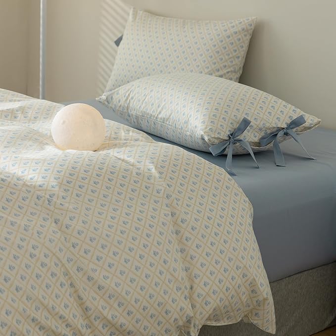 Girls Duvet Cover Twin Blue Floral Chic Bedding Set Soft Cotton 3 Piece with 2 Bow Ties Pillowcases Coquette Bedding Princess College Dorm Duvet Cover Set Twin Size for Teens French Country Style