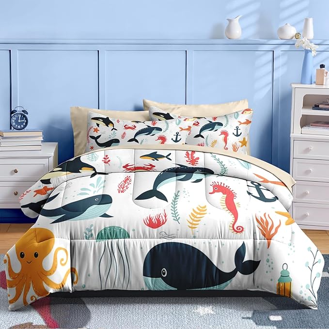 Nesker 7 Pcs Comforter Set Full Size, Whales Octopuses Seahorses Bedding for Kids Teen, Ocean Sea Animal with Fitted Sheet 2 Pillowcases & 2 Shams for Bedroom Bed Decor