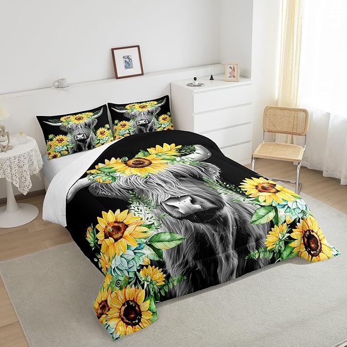 Feelyou Highland Cow Bedding Set Kids Sunflower Floral Western Cow Bull Comforter Set for Girls Teens Farmhouse Wildlife Animal Comforter Black Duvet Set Room Decor Quilt Set Twin Size