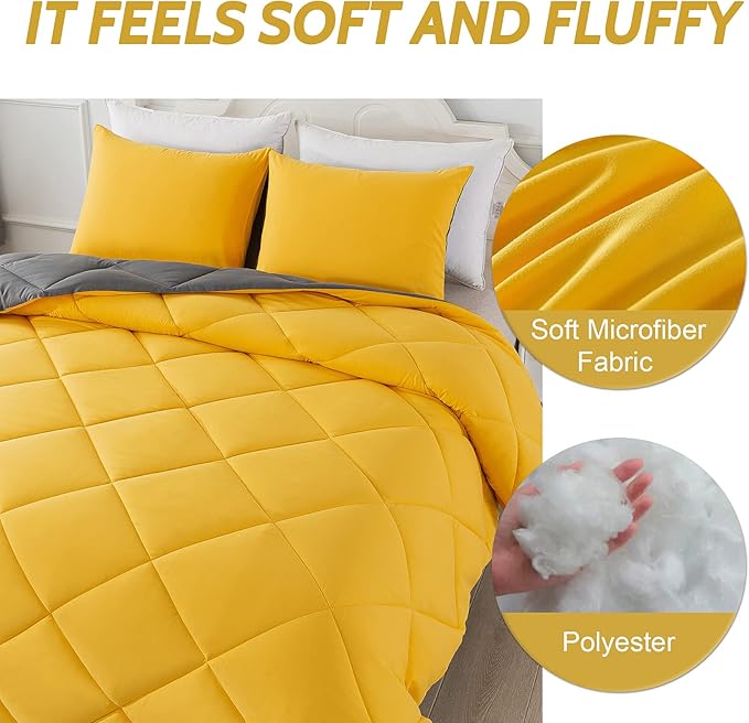 Decroom Lightweight King Comforter Set with 2 Pillow Sham - 3 Pieces Set - Quilted Down Alternative Comforter/Duvet Insert for All Season - Yellow/Grey- King Size