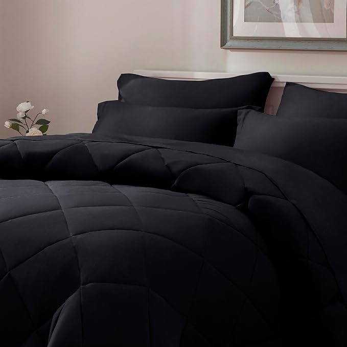 ELNIDO QUEEN® Full Comforter Set Black - 7 Pieces Bed in a Bag Full Size, Bed Set for All Seasons, Ultra Soft Bedding Sets with Comforter, Flat Sheet, Fitted Sheet, Pillowcases and Pillow Shams